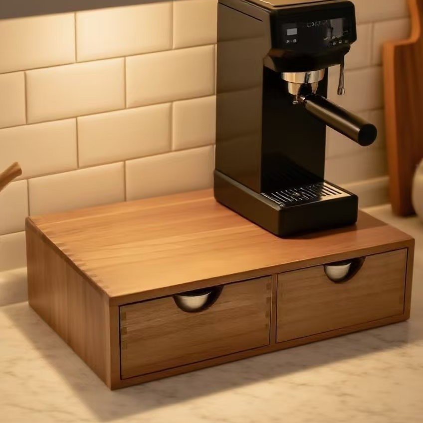 Coffee Tea Drawer Organizer - Minimalist solid wood coffee machine base